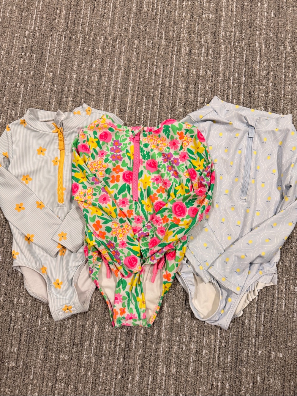 Floral & Striped Girls' Rash Guard Swim Set - Pink Green Yellow